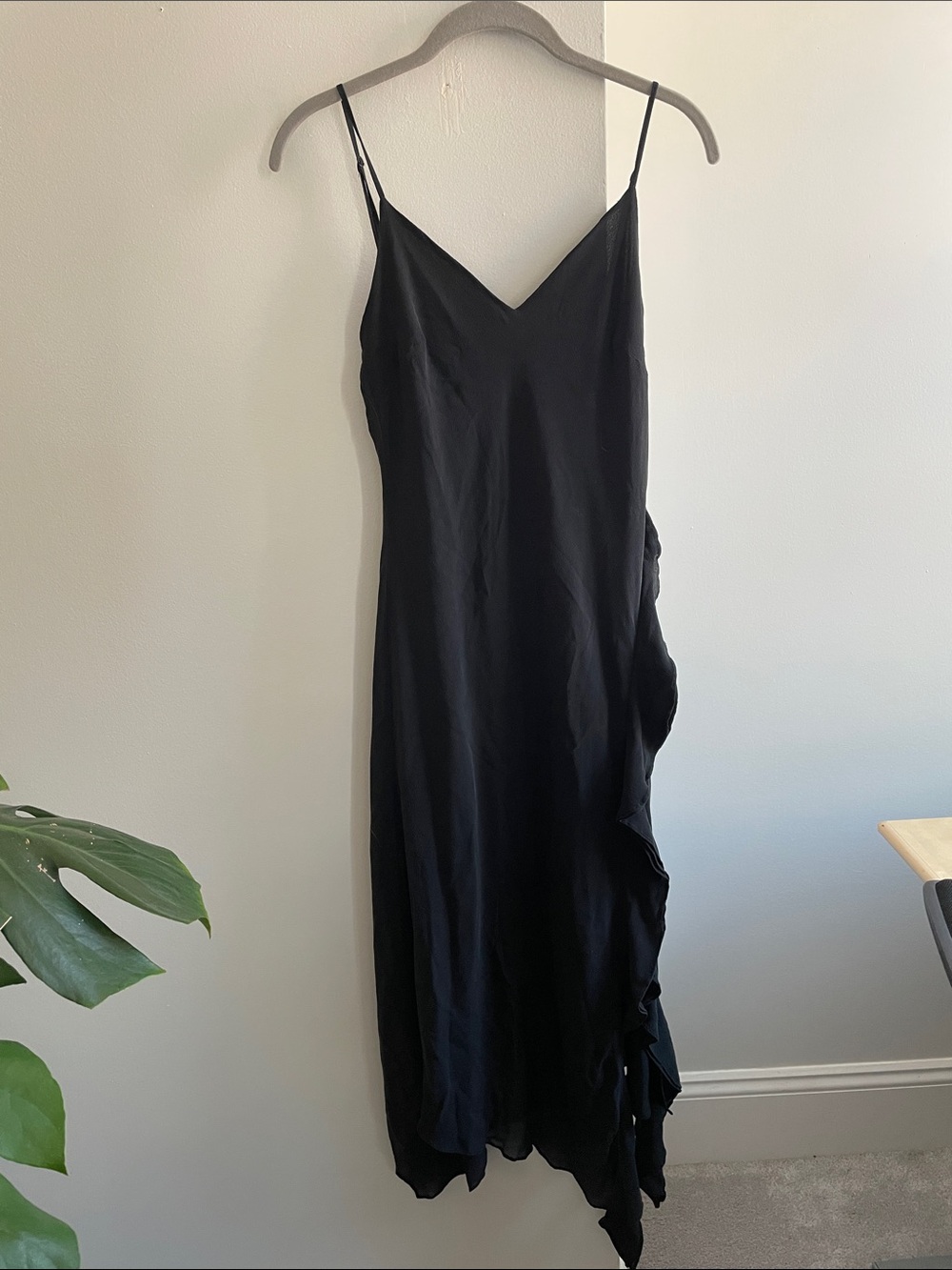 Vintage 100% silk black slip midi dress with ruffle detail